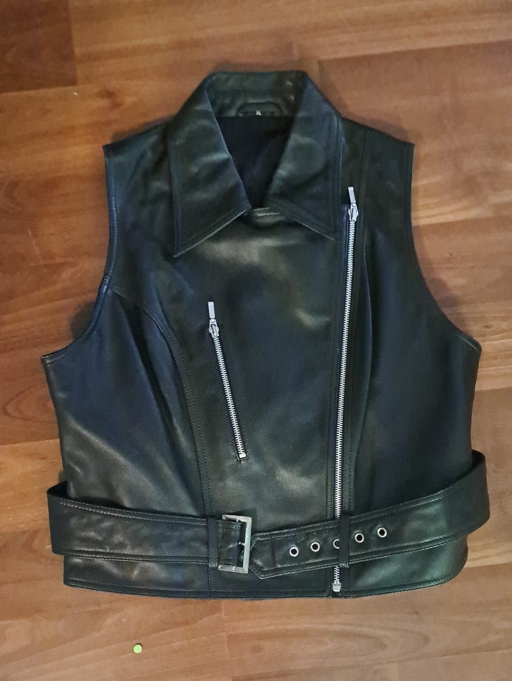 Black Leather Biker Vest With Belt And Side Zipper